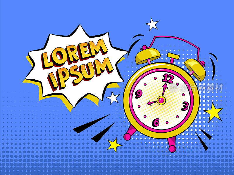 Pop art background with comic alarm clock ringing with speech bubble with your own text. Vector bright cartoon illustration in retro style in blue color